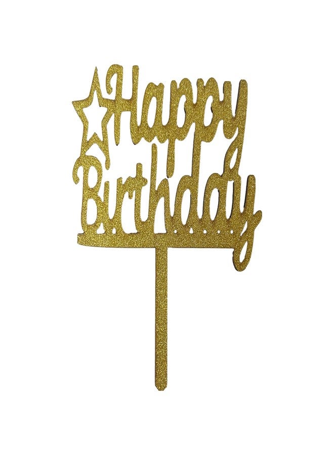 Pop Colours Happy Birthday Gold Wooden Cake Topper | Couple Cake Topper | Happy Birthday Cake Topper/Cupcake Topper | 5 Inch |1Pcs - Image 1